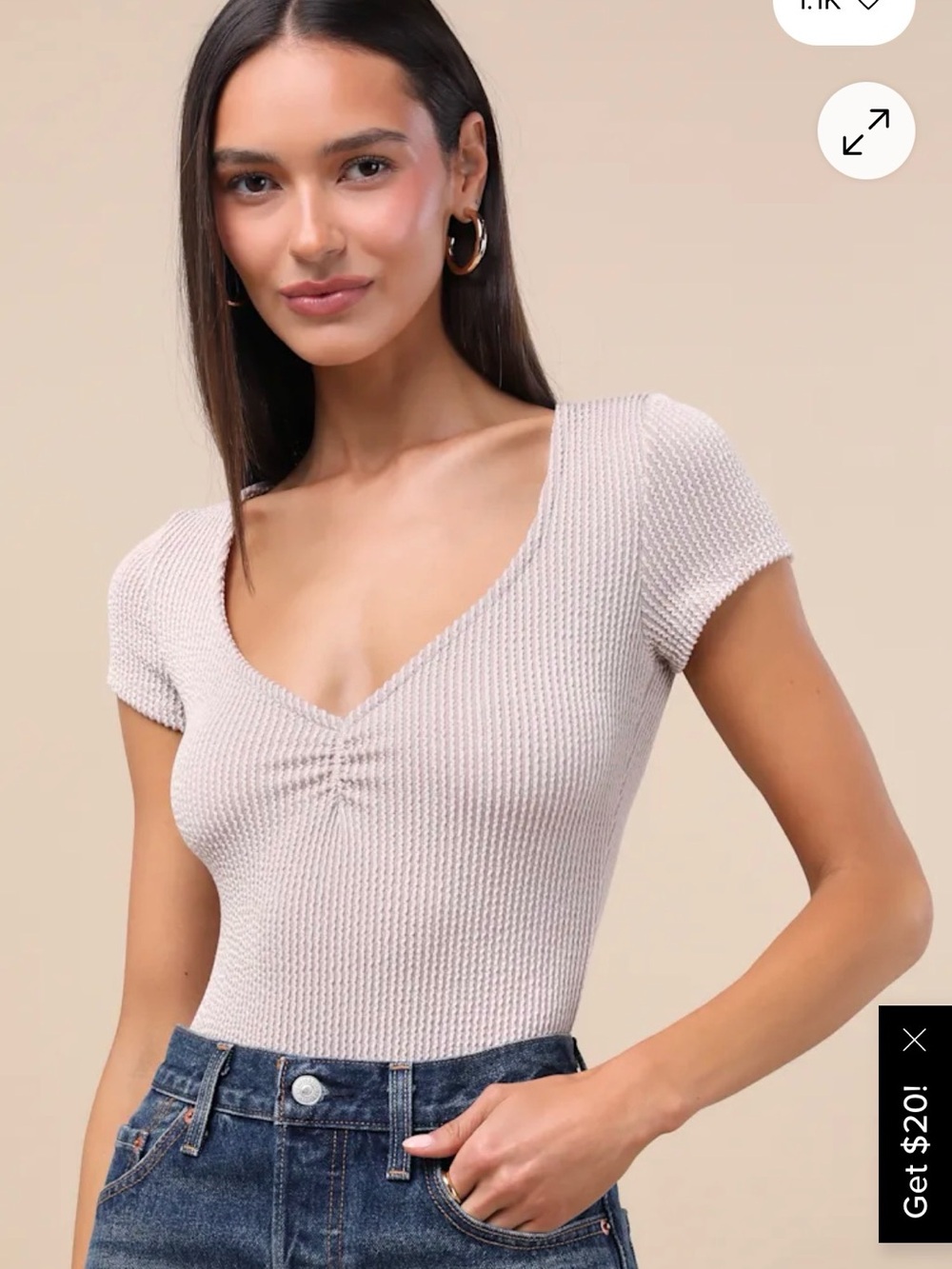 Lulus Beige Textured Ribbed VNeck Bodysuit